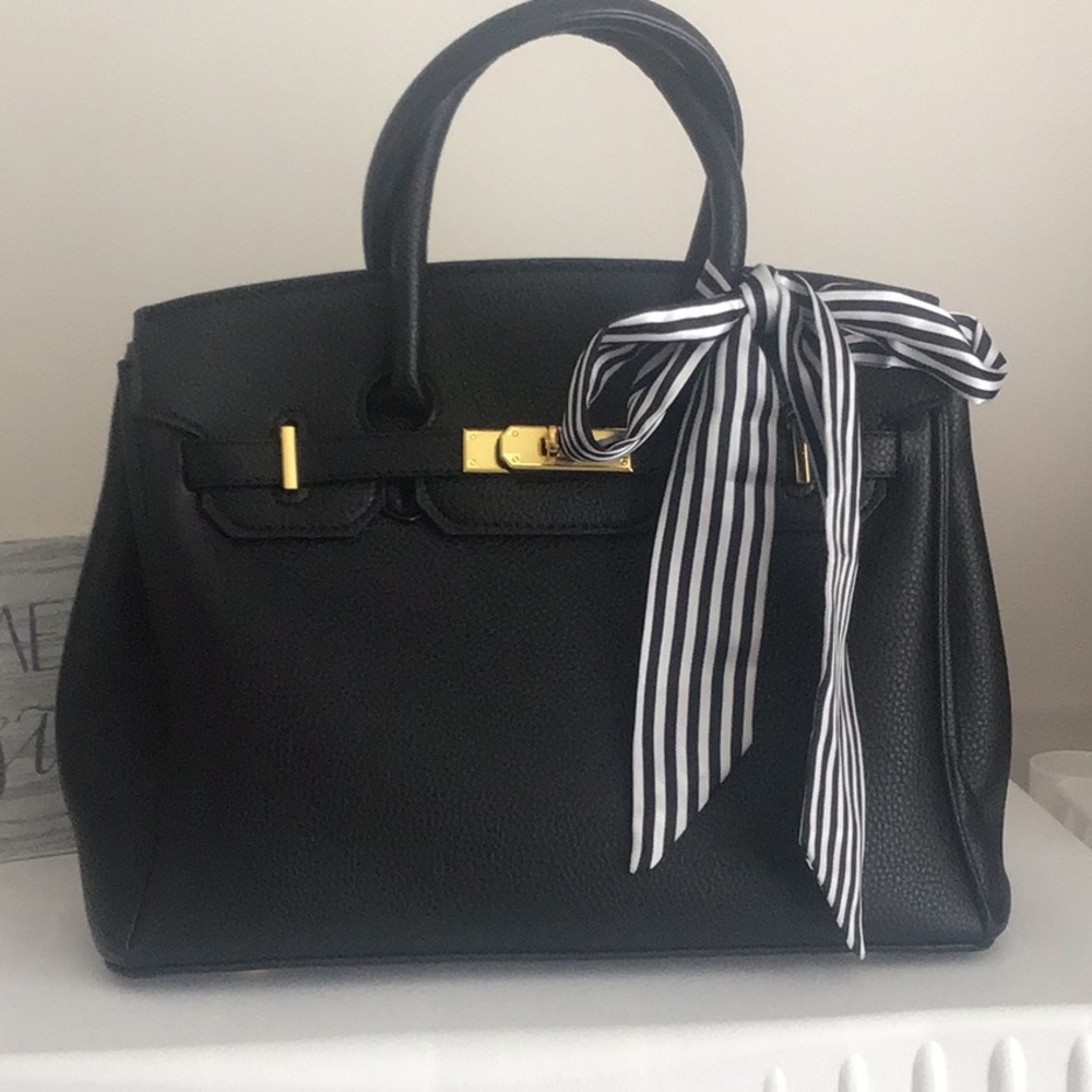 New blk, white stripe twilly bag scarf(1)